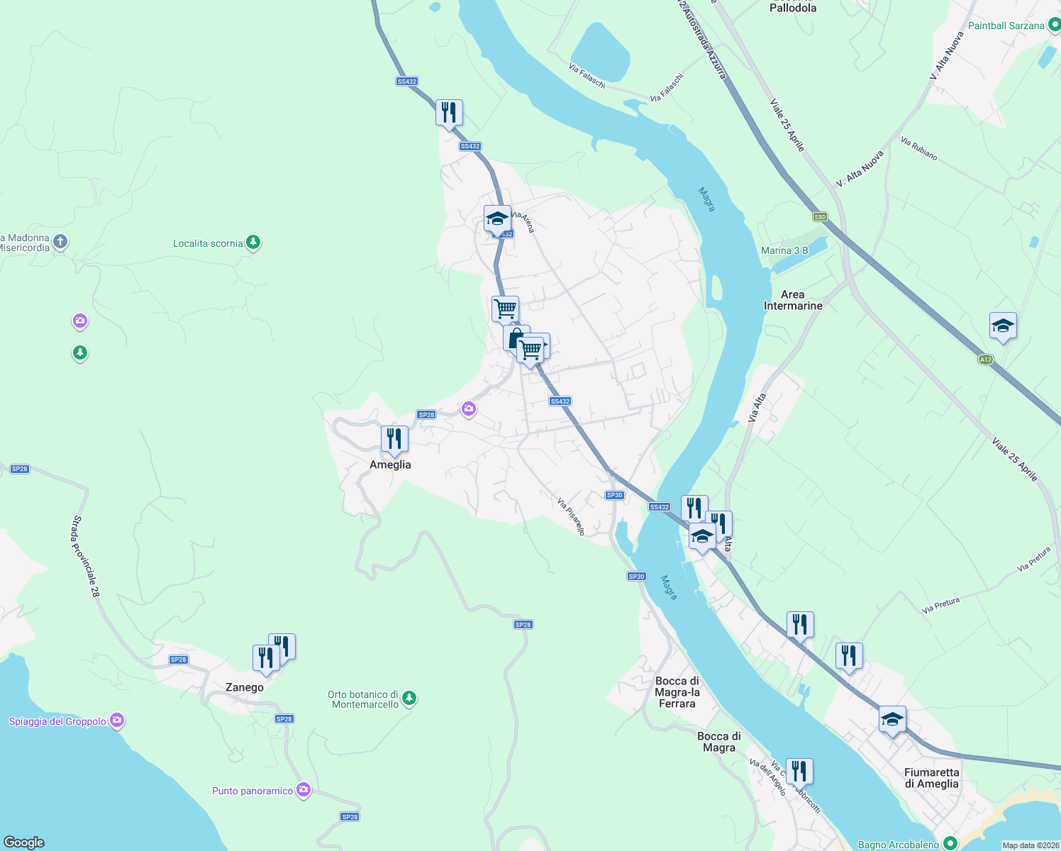 map of restaurants, bars, coffee shops, grocery stores, and more near 64 Via Pisanello in Ameglia