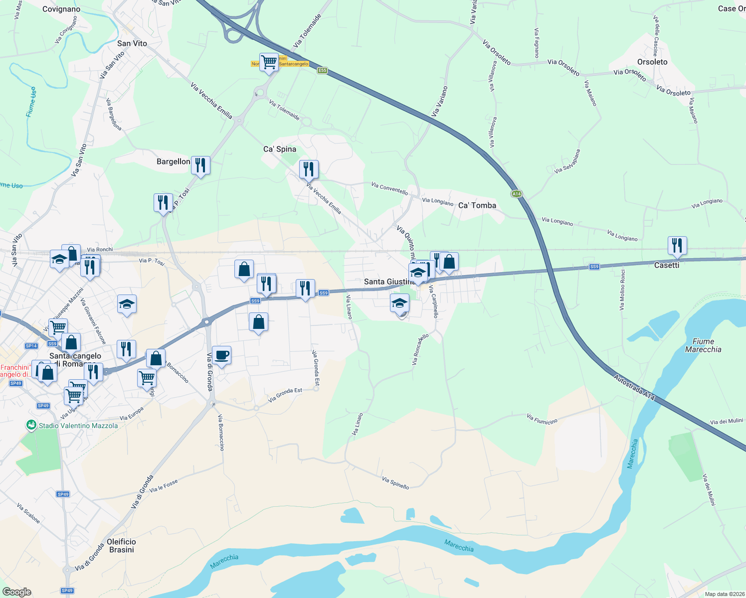 map of restaurants, bars, coffee shops, grocery stores, and more near 2 Via Meldola in Santa Giustina
