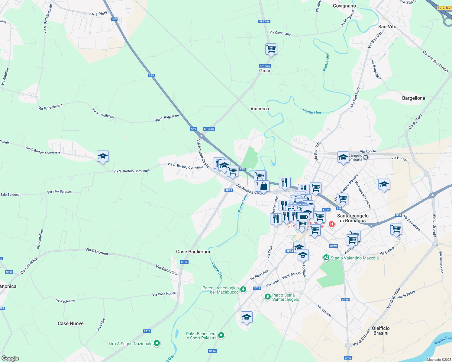 map of restaurants, bars, coffee shops, grocery stores, and more near 14 Strada Provinciale 13 in Santarcangelo di Romagna