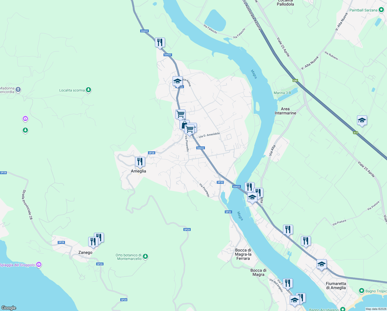 map of restaurants, bars, coffee shops, grocery stores, and more near 9 Via Giacomo Leopardi in Ameglia