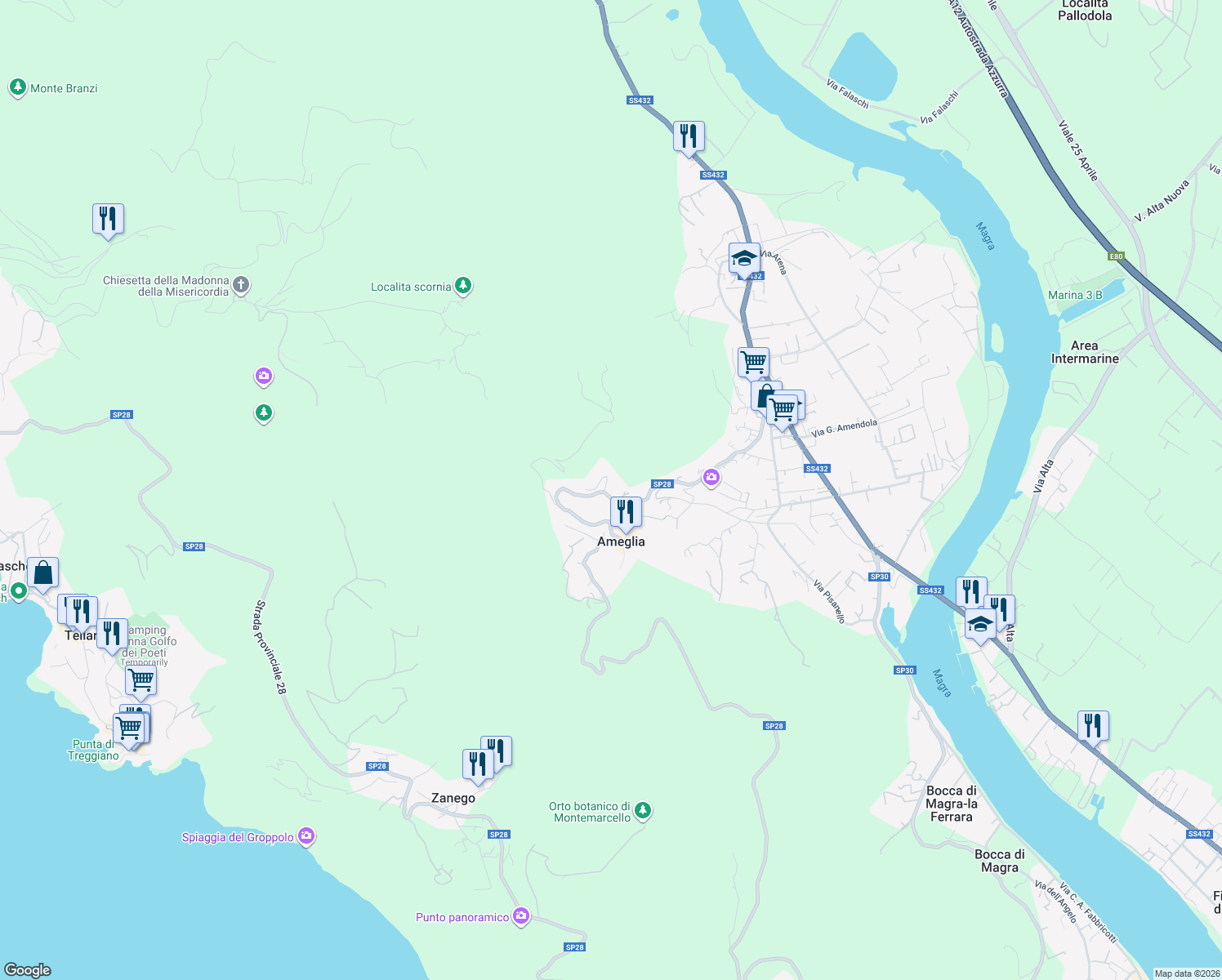 map of restaurants, bars, coffee shops, grocery stores, and more near in Ameglia