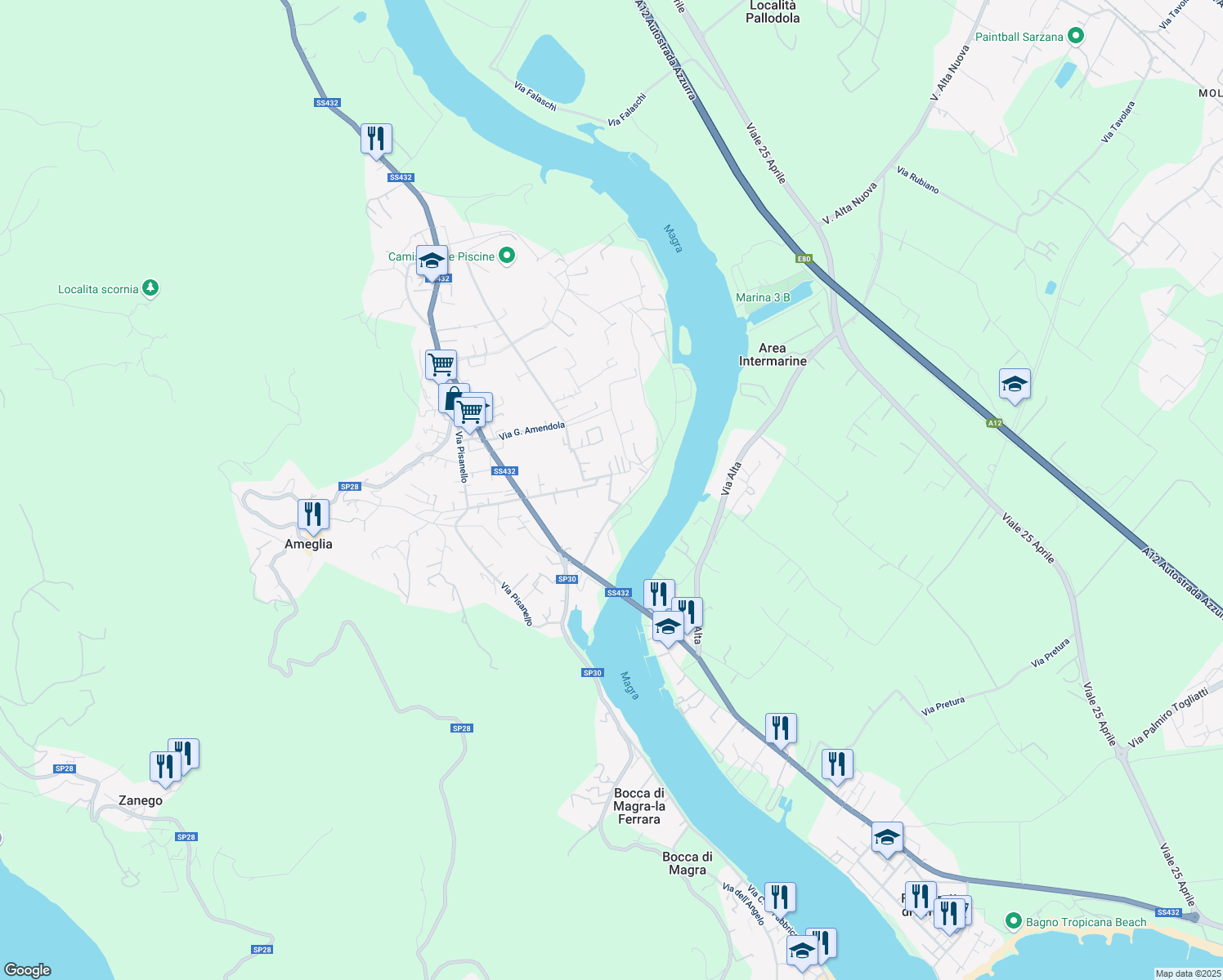 map of restaurants, bars, coffee shops, grocery stores, and more near 13 Via Alessandro Manzoni in Ameglia