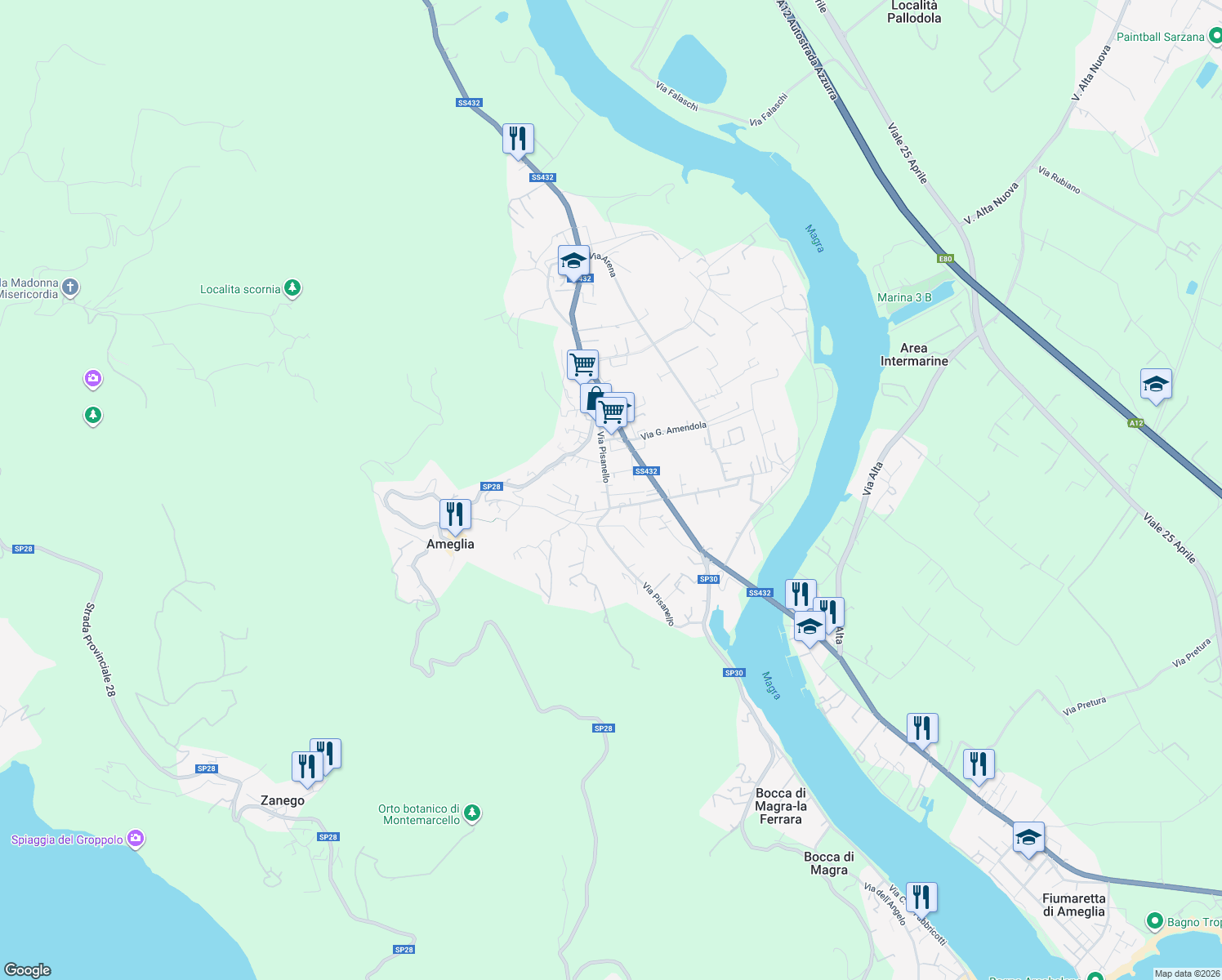 map of restaurants, bars, coffee shops, grocery stores, and more near 64 Via Pisanello in Ameglia