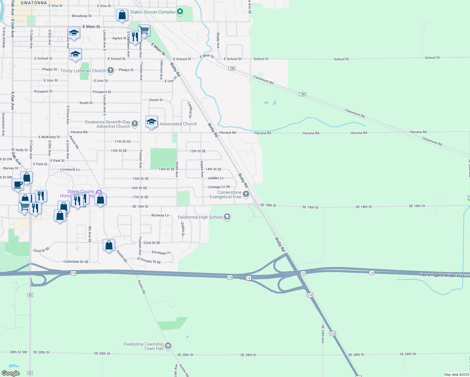map of restaurants, bars, coffee shops, grocery stores, and more near Cornerstone Lane in Owatonna