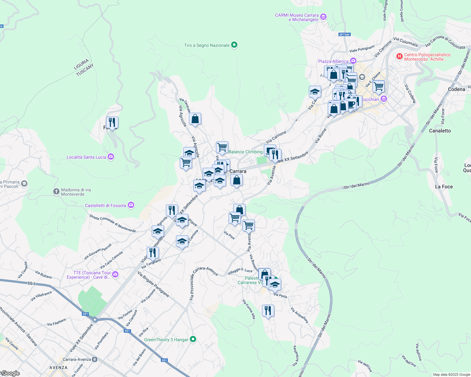 map of restaurants, bars, coffee shops, grocery stores, and more near 11 Via Milazzo in Carrara