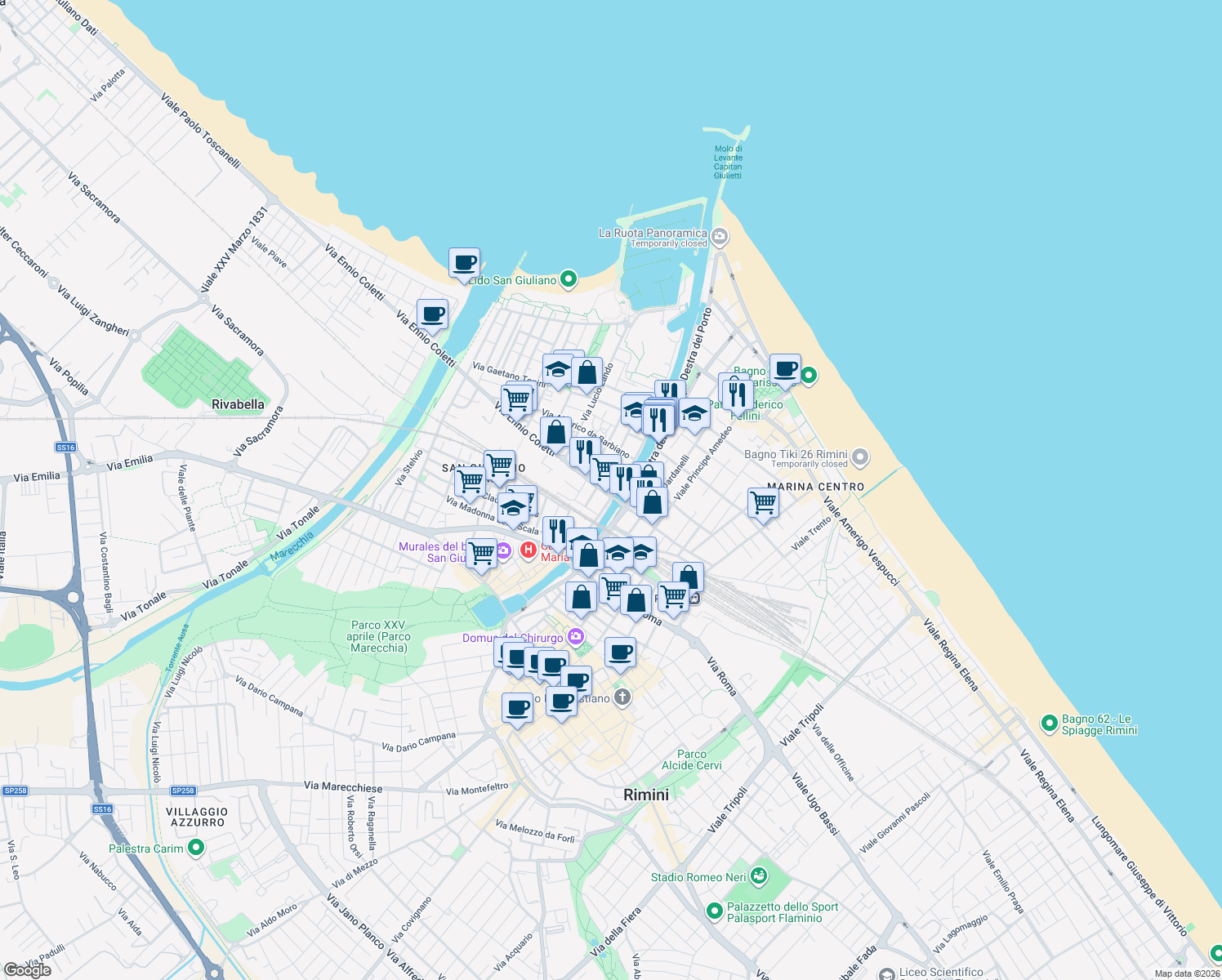 map of restaurants, bars, coffee shops, grocery stores, and more near in Rimini