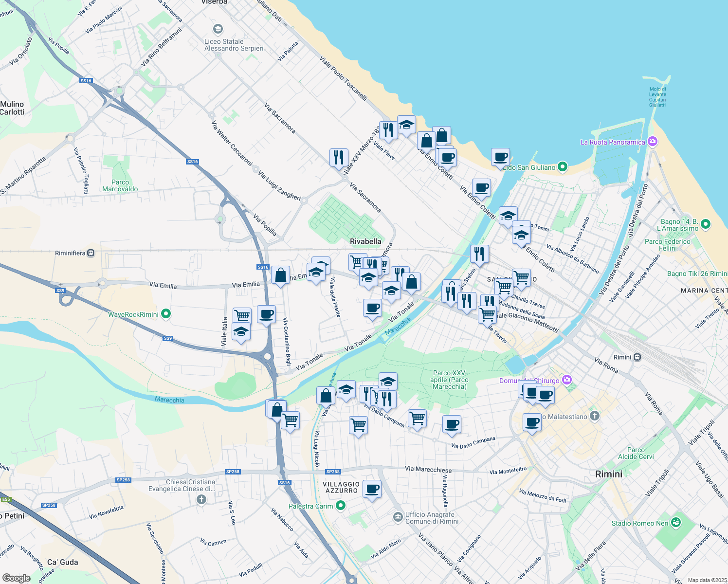 map of restaurants, bars, coffee shops, grocery stores, and more near 27 Via Redipuglia in Rivabella