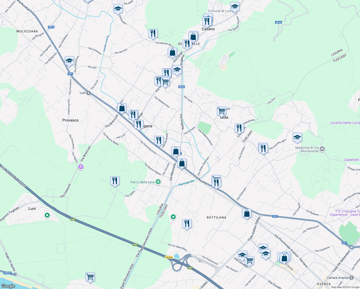 map of restaurants, bars, coffee shops, grocery stores, and more near 39 Via Dogana in Casano