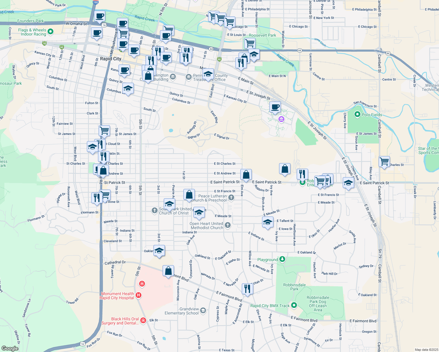 map of restaurants, bars, coffee shops, grocery stores, and more near 135 East Saint Andrew Street in Rapid City