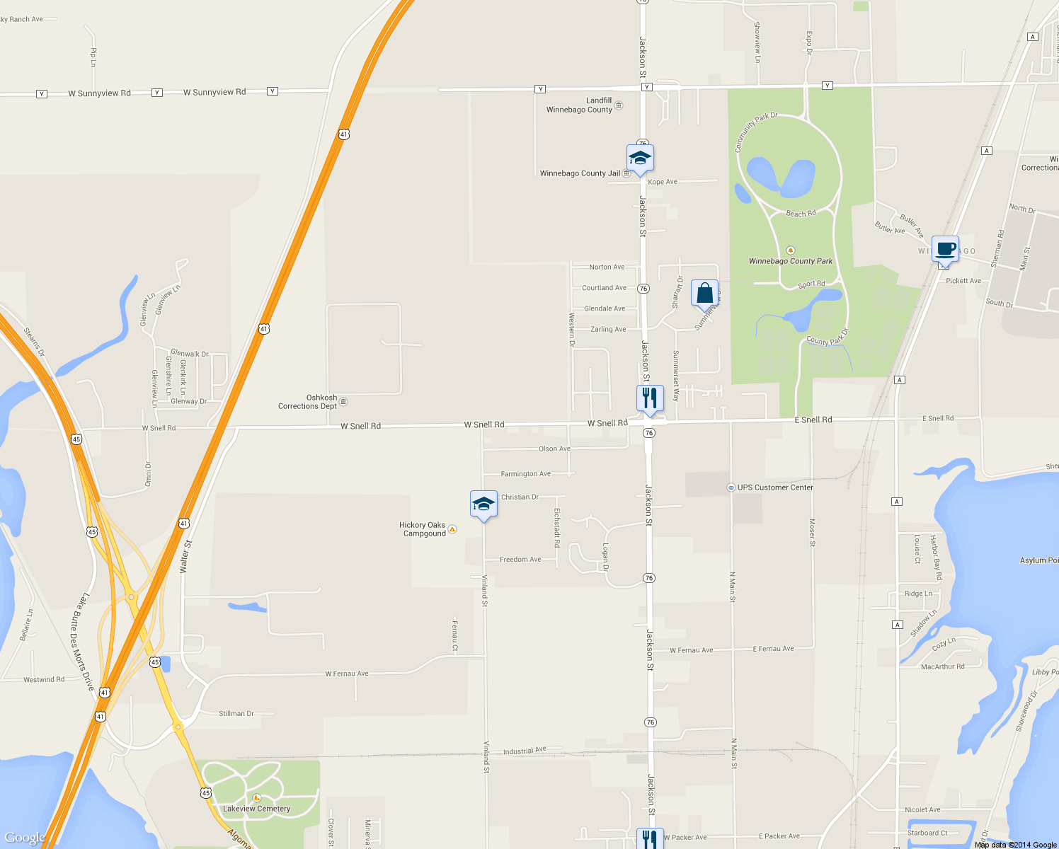 map of restaurants, bars, coffee shops, grocery stores, and more near 975 West Snell Road in Oshkosh