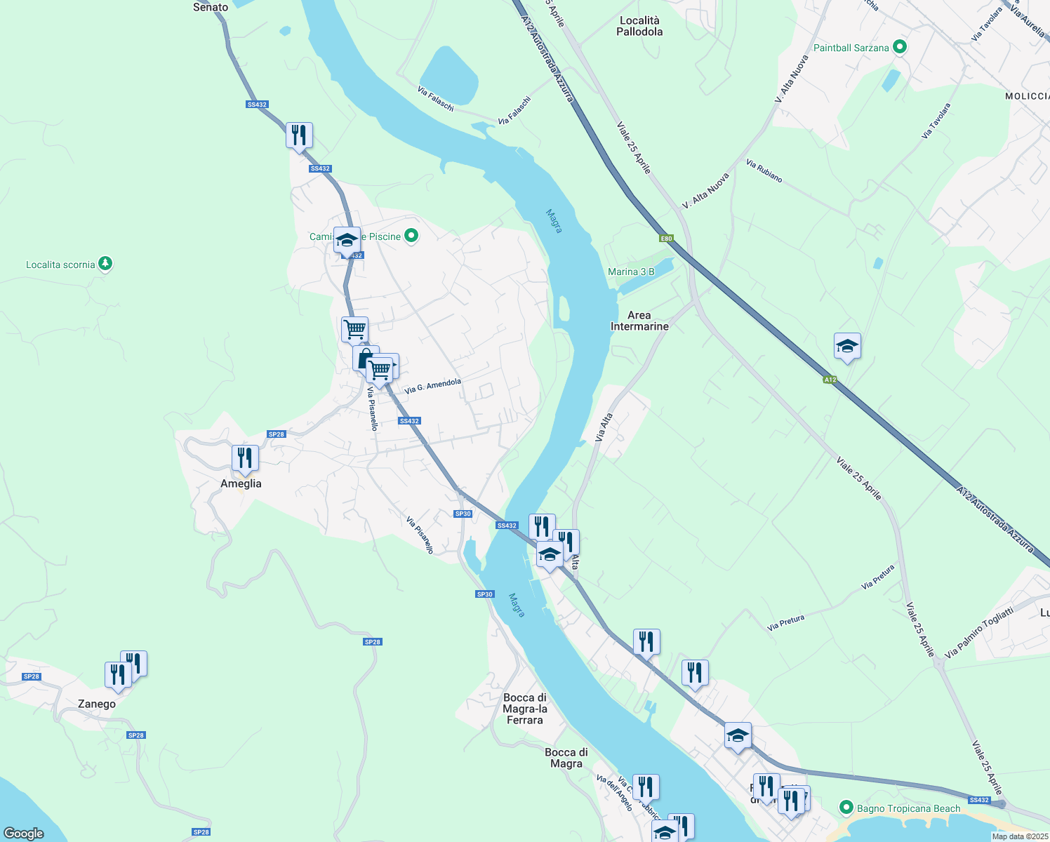 map of restaurants, bars, coffee shops, grocery stores, and more near 25 Via Alessandro Manzoni in Ameglia