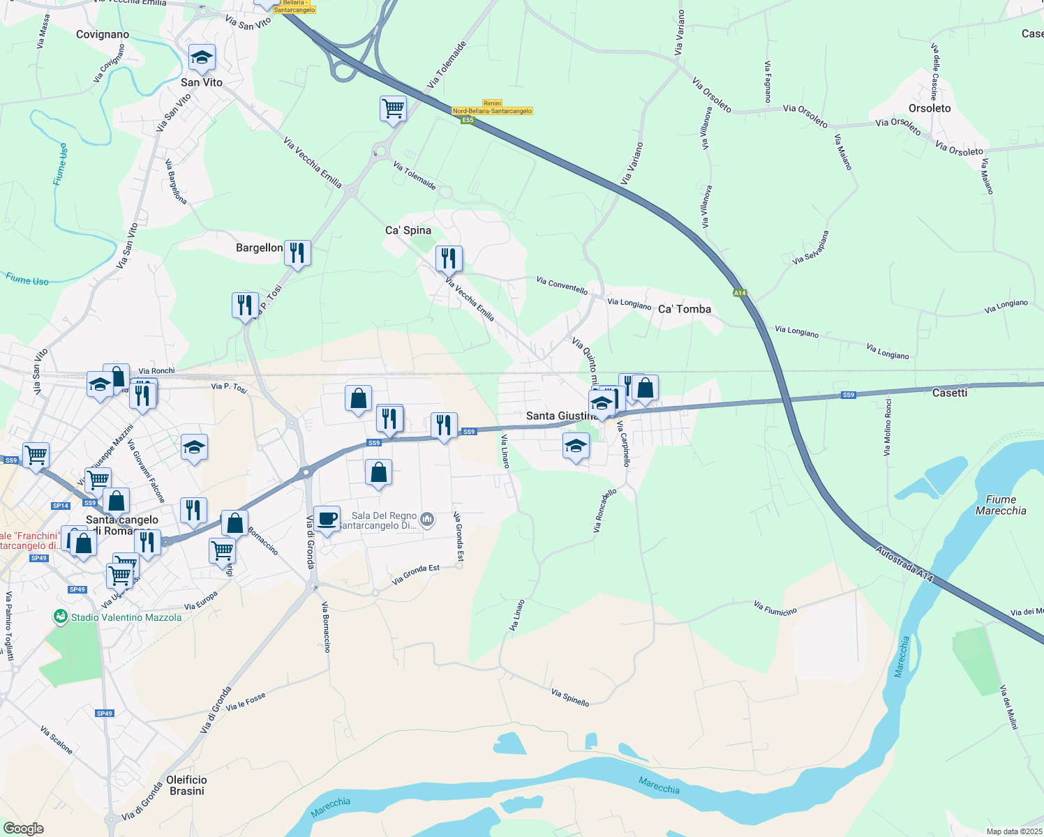 map of restaurants, bars, coffee shops, grocery stores, and more near 3 Via Panzacchi in Santa Giustina