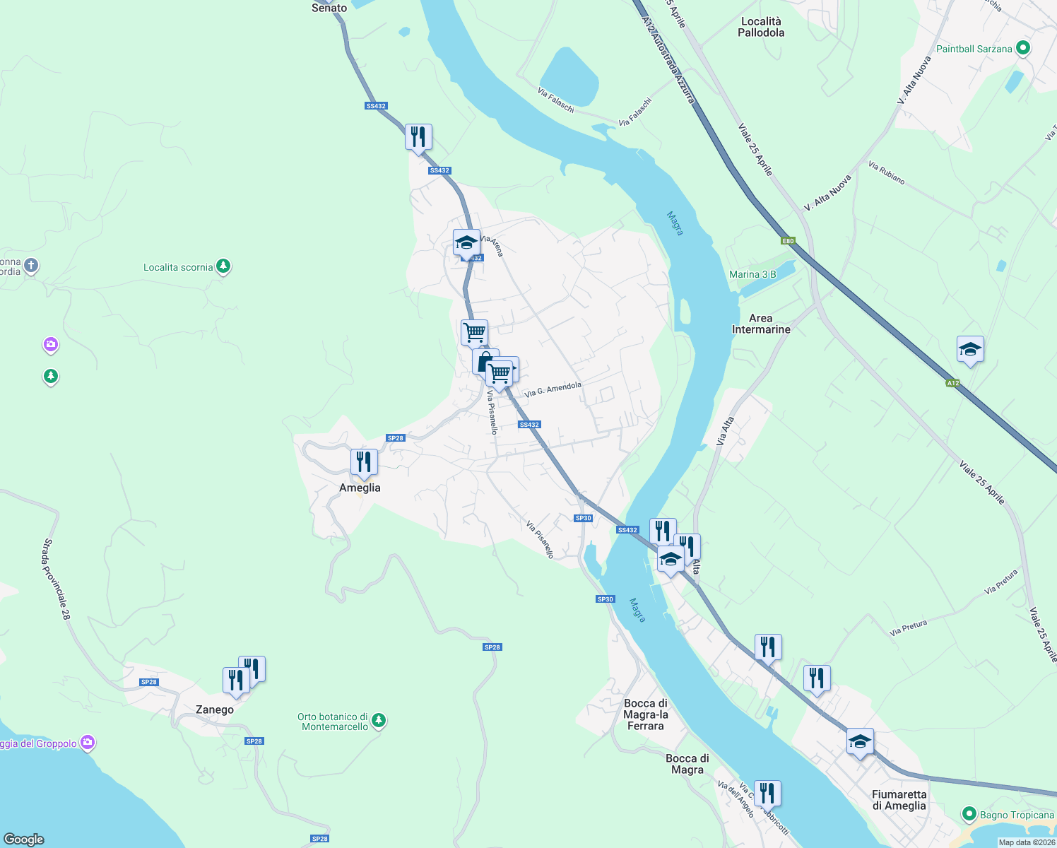 map of restaurants, bars, coffee shops, grocery stores, and more near 57 Via Camisano in Ameglia