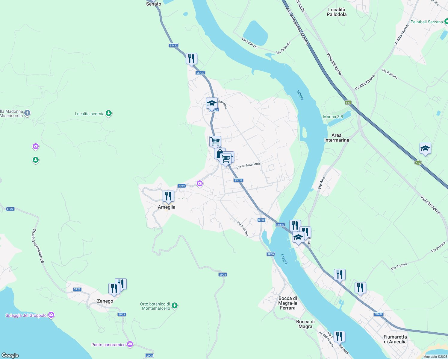 map of restaurants, bars, coffee shops, grocery stores, and more near 43 Via Pisanello in Ameglia