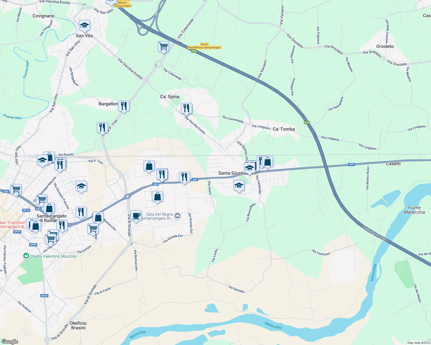 map of restaurants, bars, coffee shops, grocery stores, and more near 3 Via Panzacchi in Santa Giustina
