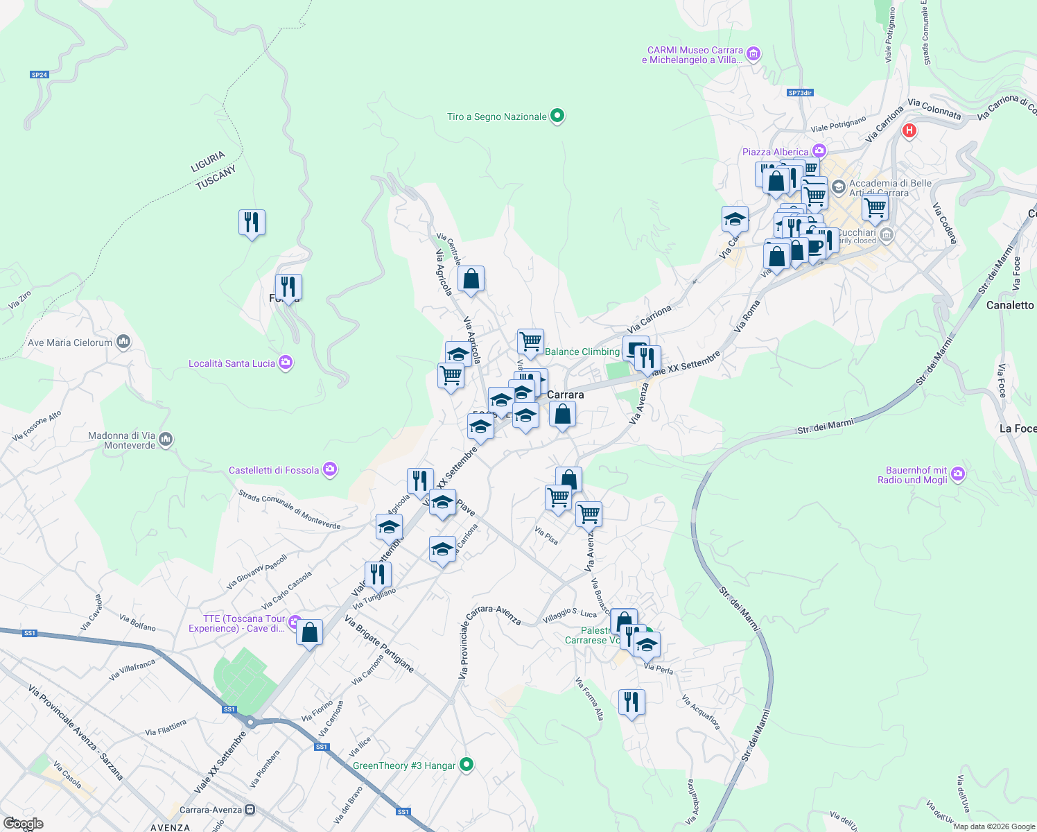 map of restaurants, bars, coffee shops, grocery stores, and more near 120A Viale XX Settembre in Carrara