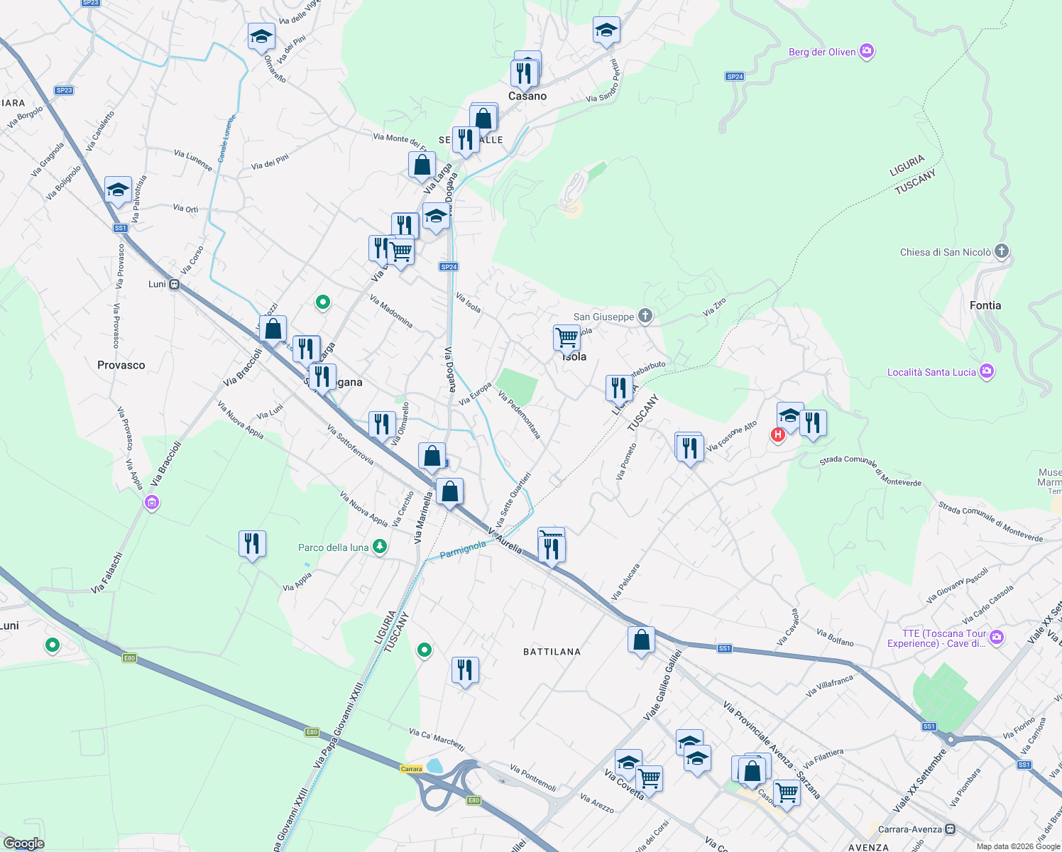 map of restaurants, bars, coffee shops, grocery stores, and more near Via Pedemontana in Isola
