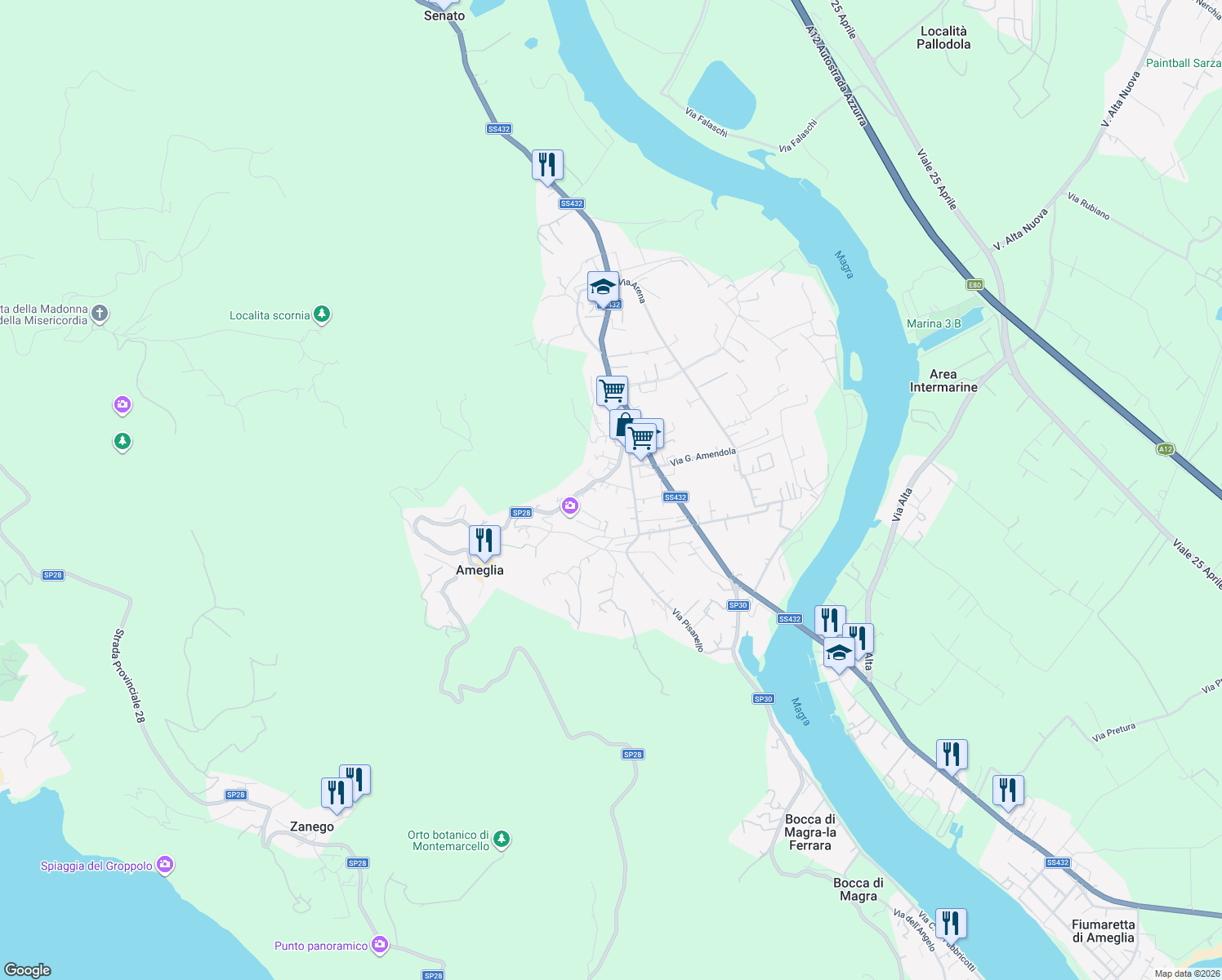 map of restaurants, bars, coffee shops, grocery stores, and more near 64B Via Don Minzoni in Ameglia