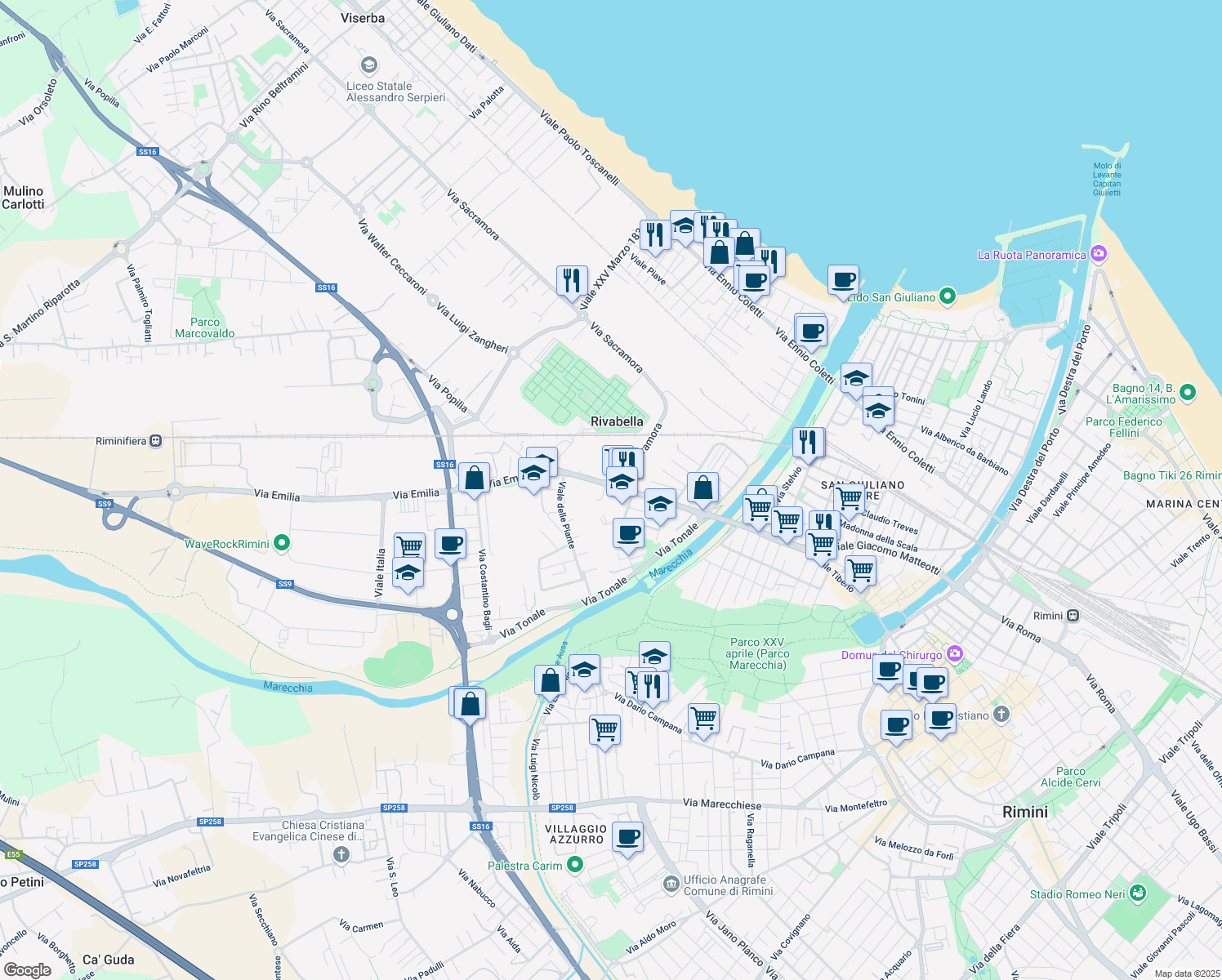 map of restaurants, bars, coffee shops, grocery stores, and more near 27 Via Redipuglia in Rimini