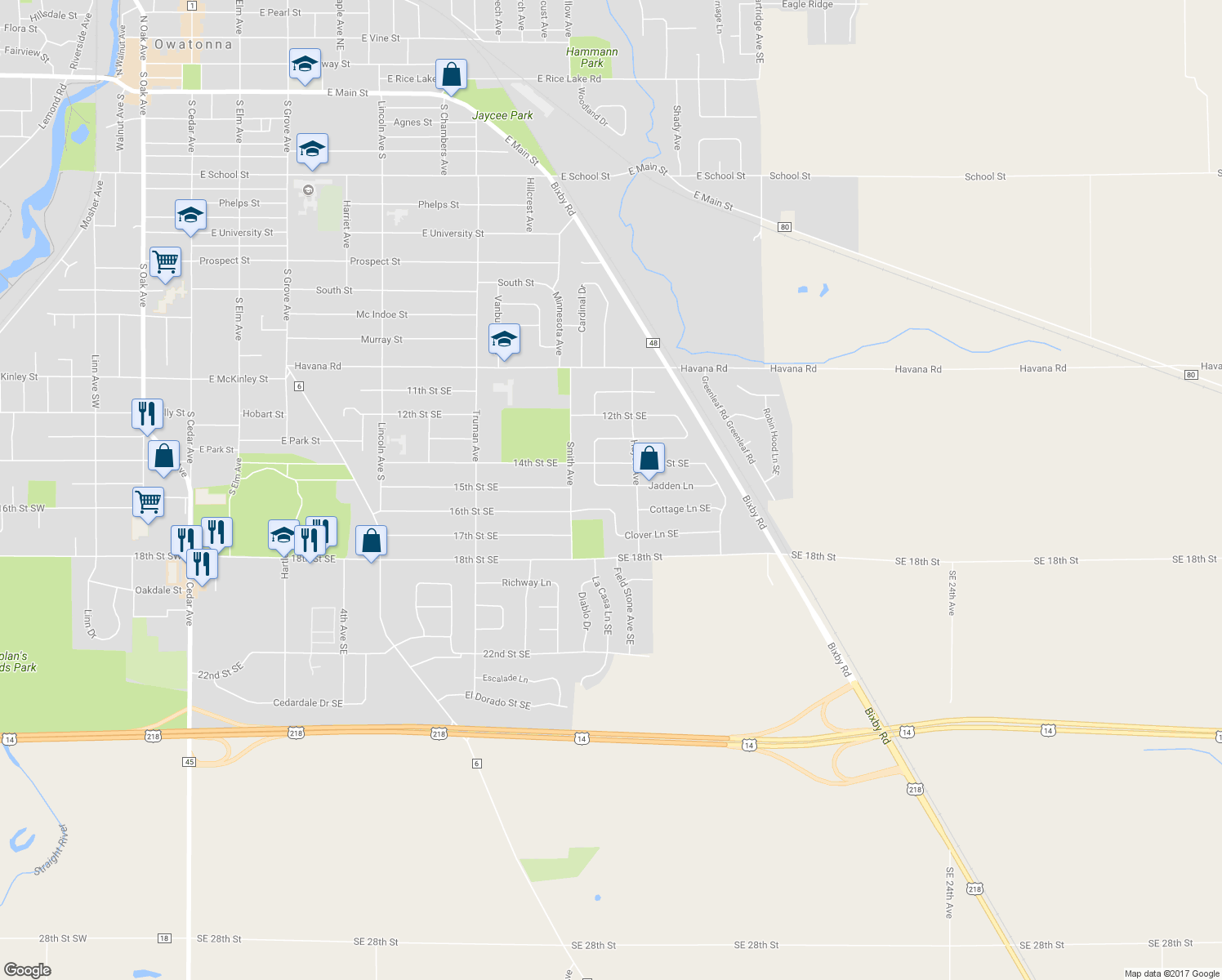map of restaurants, bars, coffee shops, grocery stores, and more near 1165 Jadden Lane in Owatonna