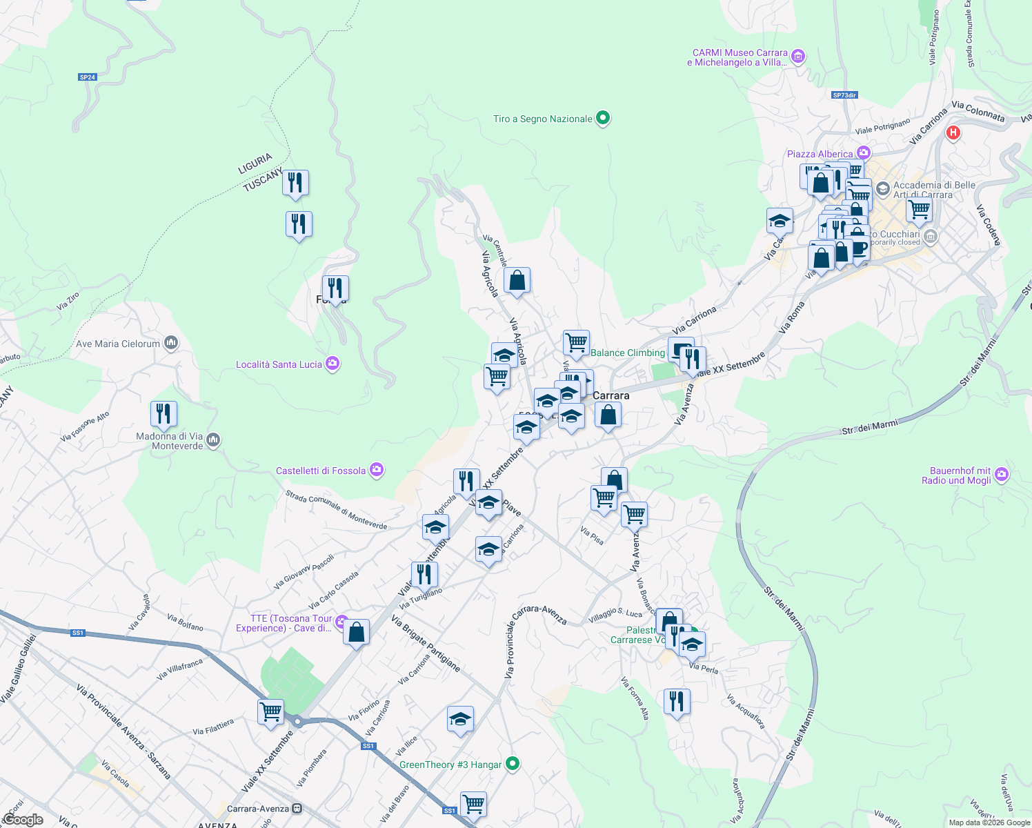 map of restaurants, bars, coffee shops, grocery stores, and more near 78/C Via Agricola in Carrara