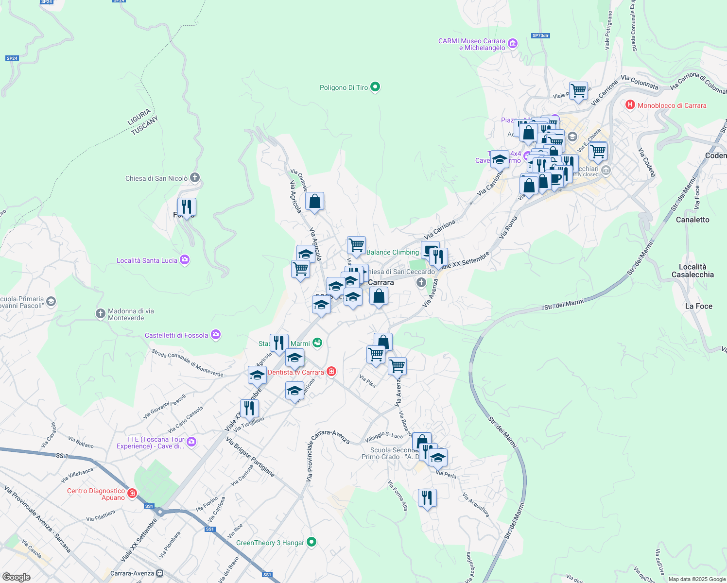 map of restaurants, bars, coffee shops, grocery stores, and more near 11 Via Milazzo in Carrara
