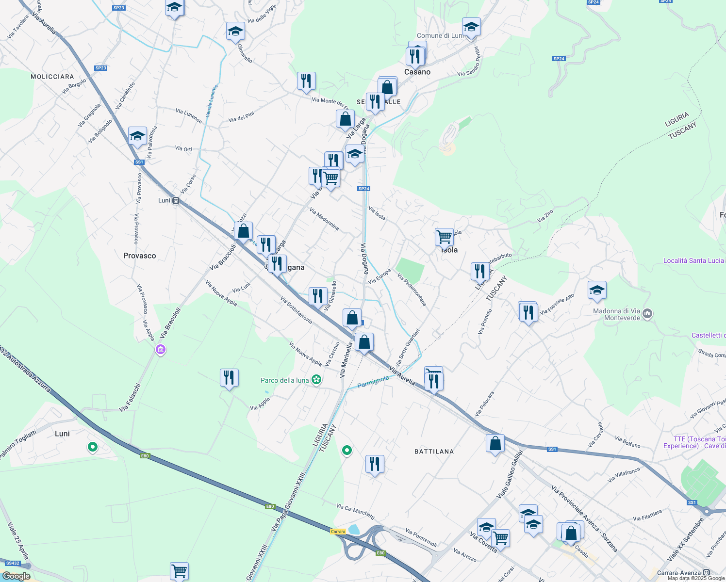 map of restaurants, bars, coffee shops, grocery stores, and more near 39 Via Dogana in Casano
