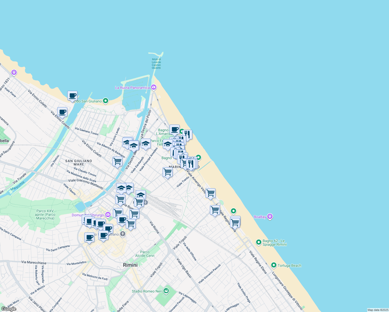 map of restaurants, bars, coffee shops, grocery stores, and more near 28 Lungomare Claudio Tintori in Rimini