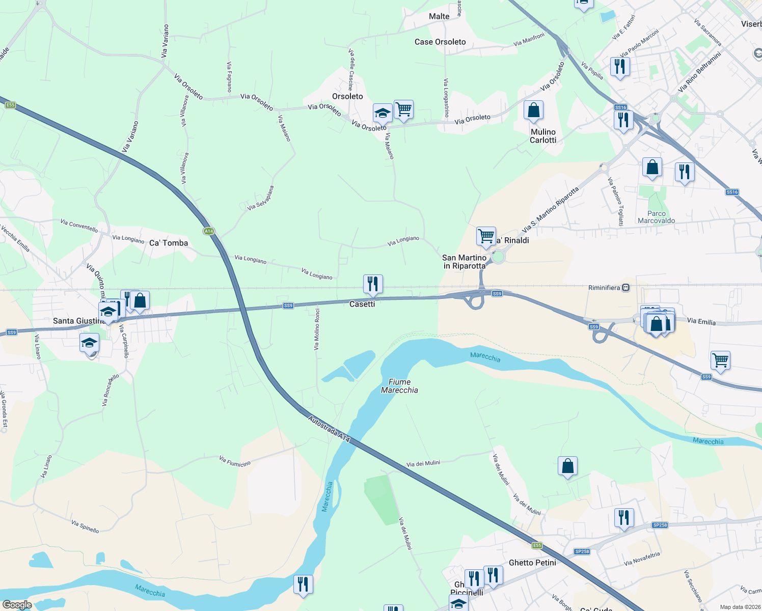 map of restaurants, bars, coffee shops, grocery stores, and more near 215 Via Emilia in Provincia di Rimini