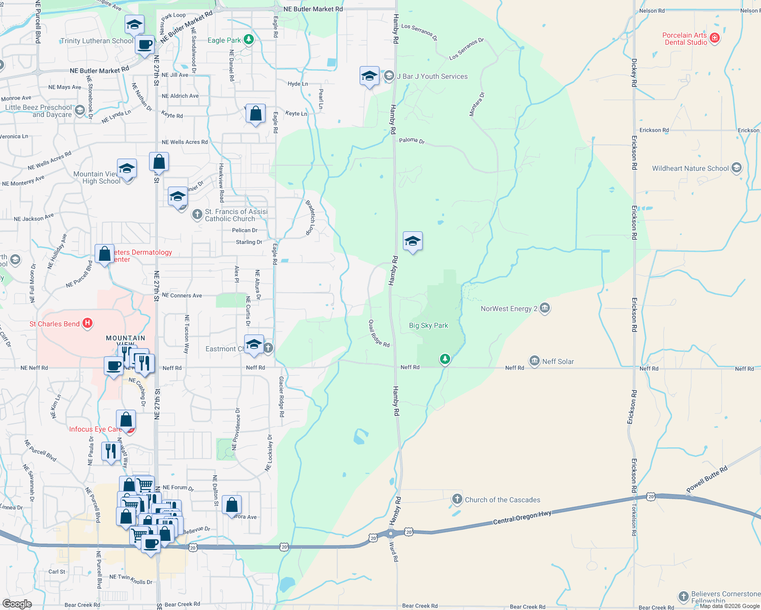 map of restaurants, bars, coffee shops, grocery stores, and more near 62508 Quail Ridge Rd in Bend