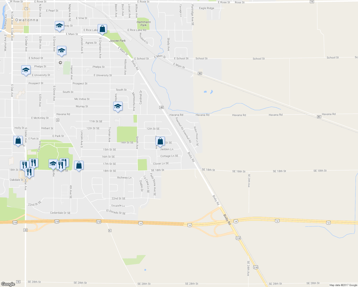 map of restaurants, bars, coffee shops, grocery stores, and more near 1455 Cornerstone Lane in Owatonna