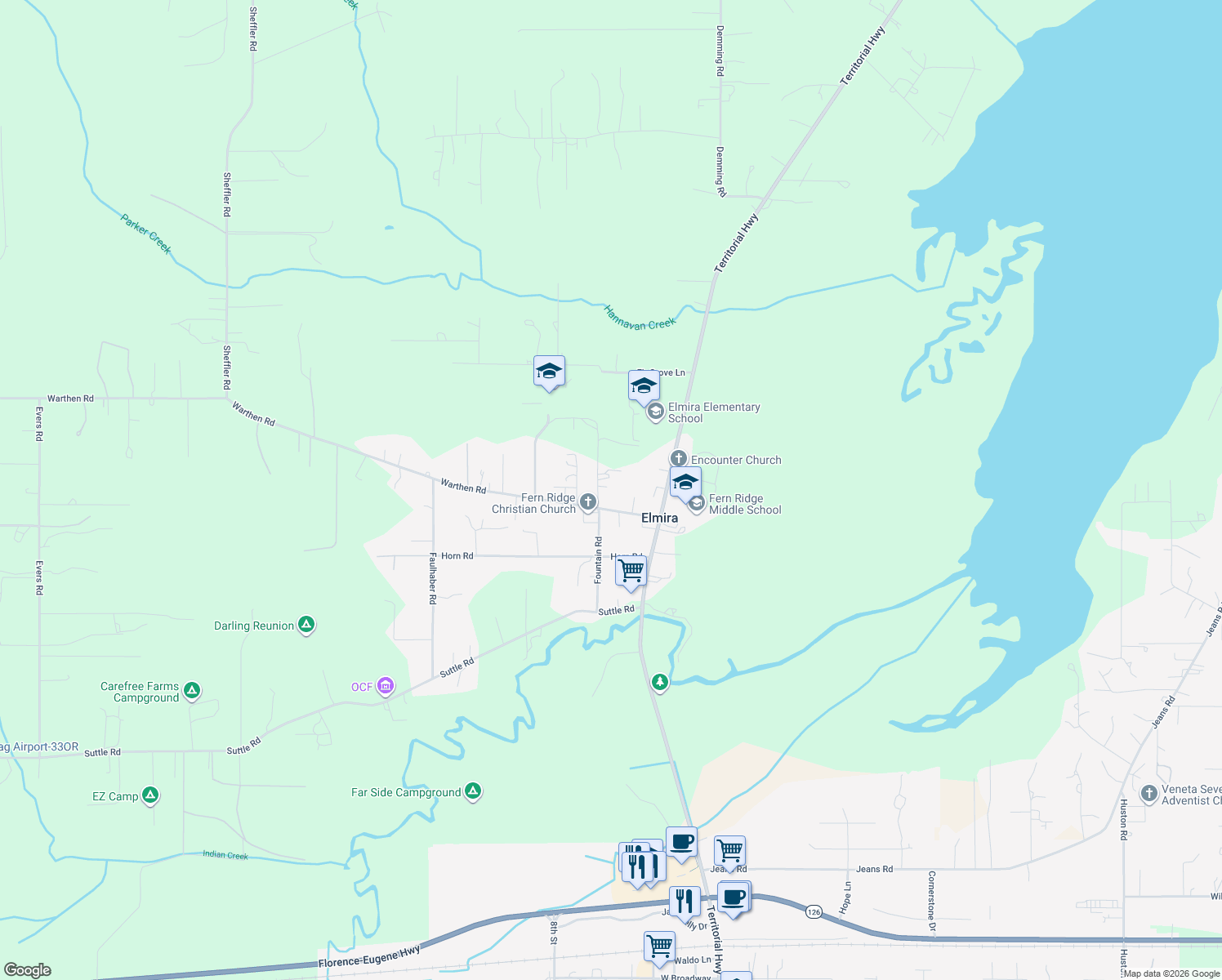 map of restaurants, bars, coffee shops, grocery stores, and more near 88863 Fountain Road in Elmira