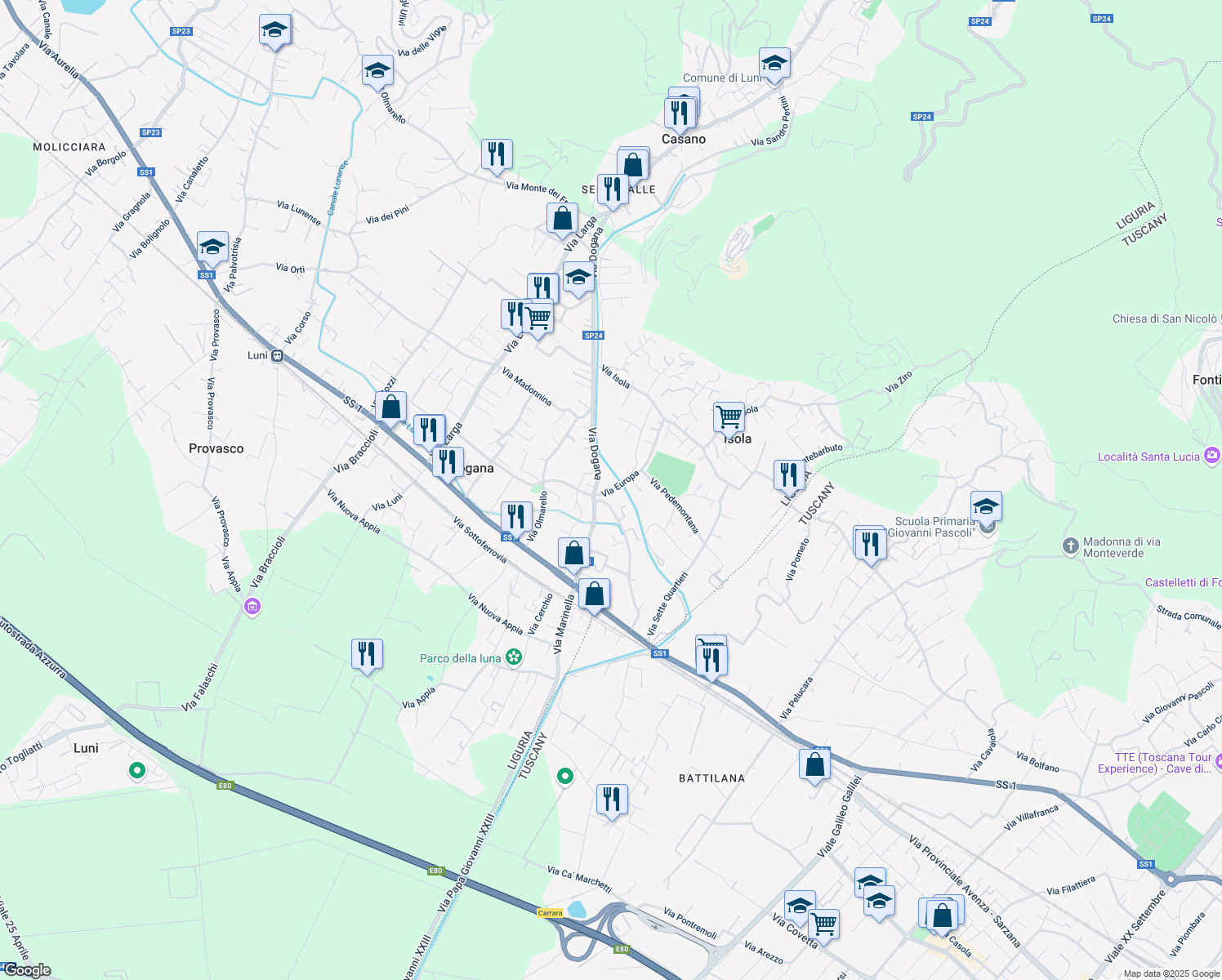 map of restaurants, bars, coffee shops, grocery stores, and more near 10 Via Europa in Casano