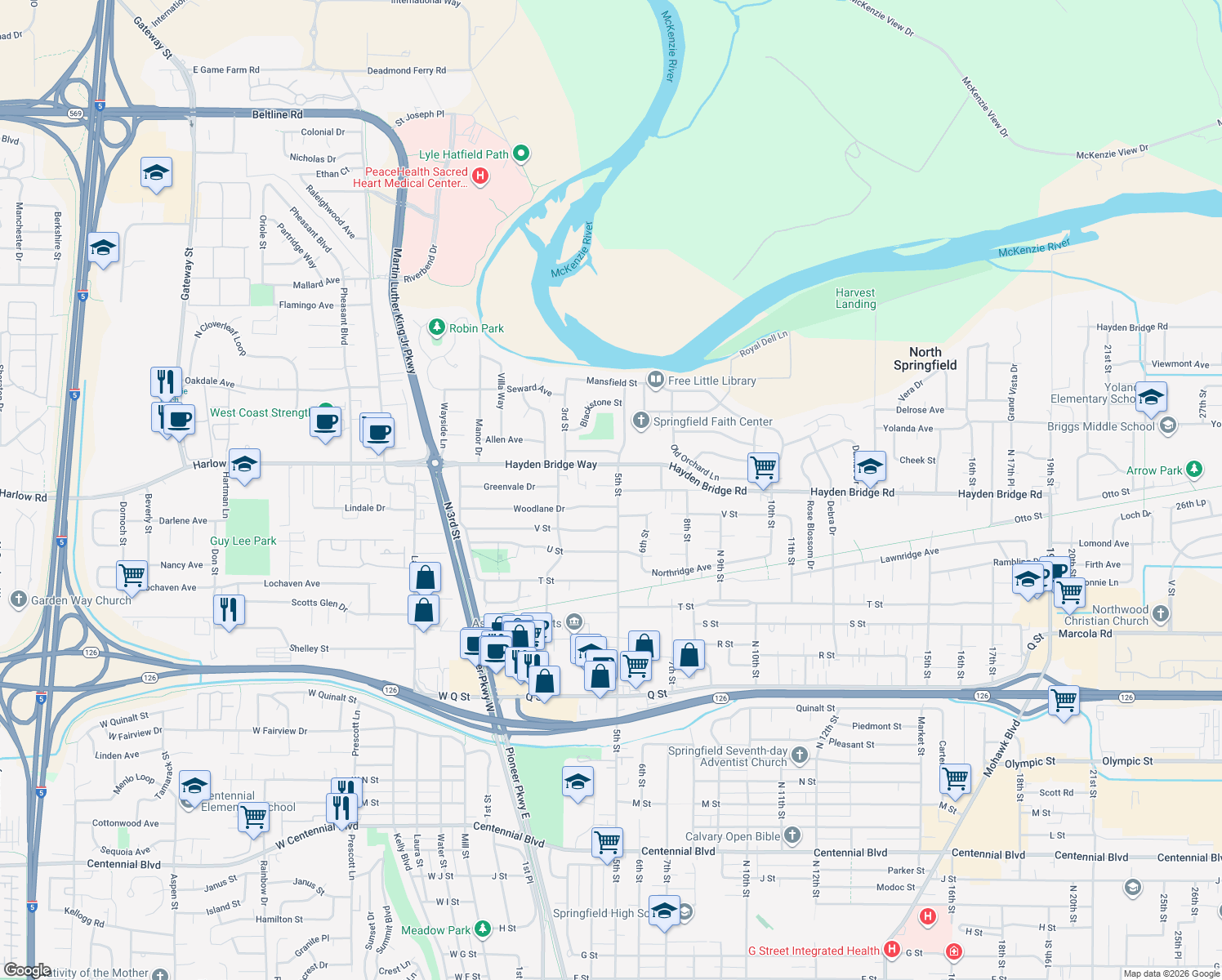map of restaurants, bars, coffee shops, grocery stores, and more near 2382 5th St in Springfield