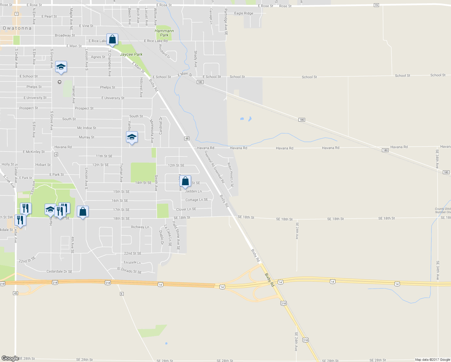 map of restaurants, bars, coffee shops, grocery stores, and more near 1375 Greenleaf Road in Owatonna