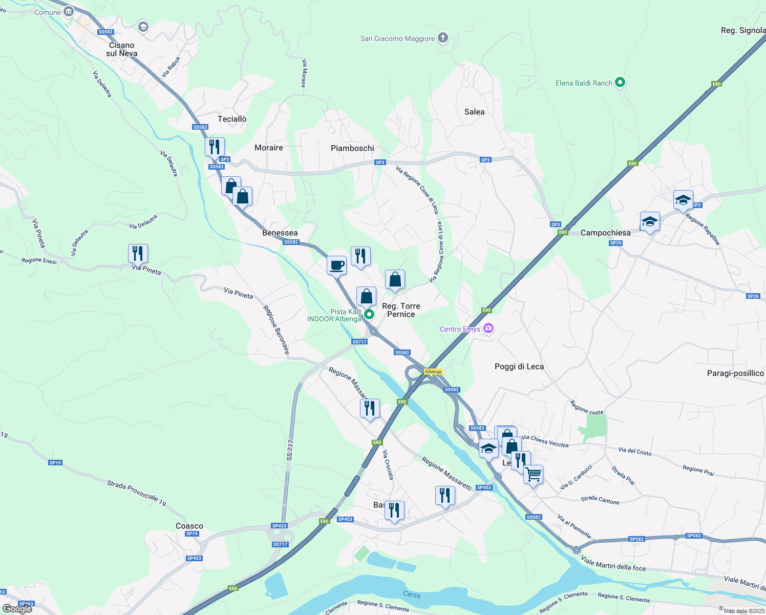 map of restaurants, bars, coffee shops, grocery stores, and more near 2A Regione Torre Pernice in Albenga