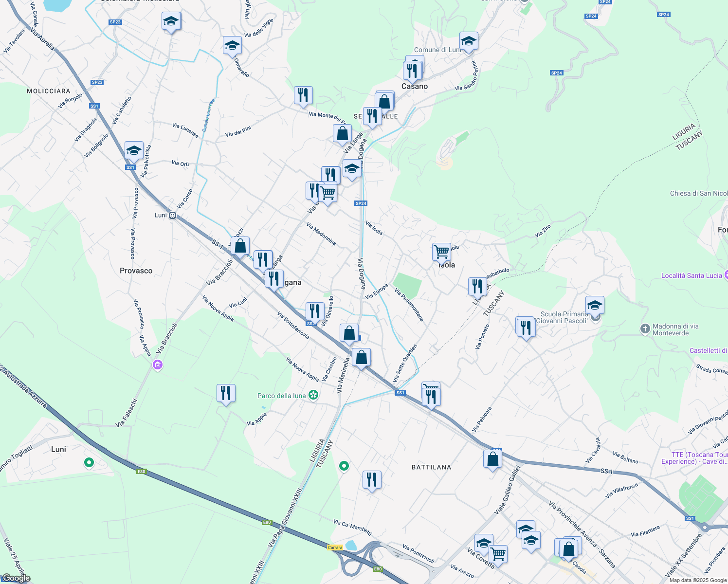 map of restaurants, bars, coffee shops, grocery stores, and more near 10 Via Europa in Casano