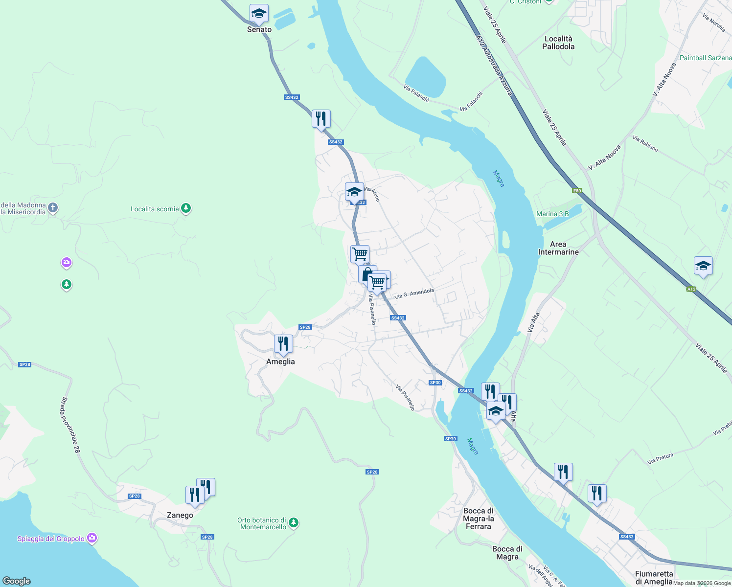 map of restaurants, bars, coffee shops, grocery stores, and more near 21 Via Pisanello in Ameglia