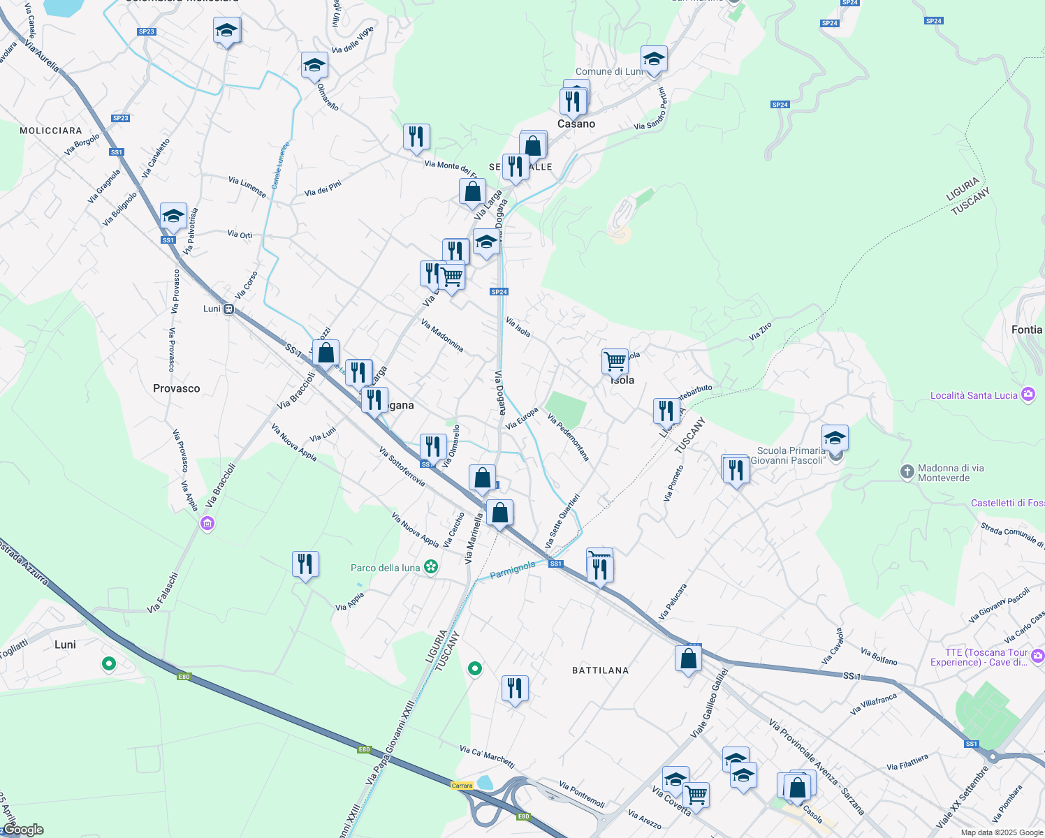 map of restaurants, bars, coffee shops, grocery stores, and more near 10 Via Europa in Casano
