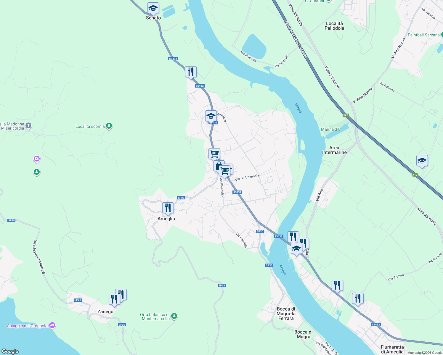 map of restaurants, bars, coffee shops, grocery stores, and more near 21 Via Pisanello in Ameglia