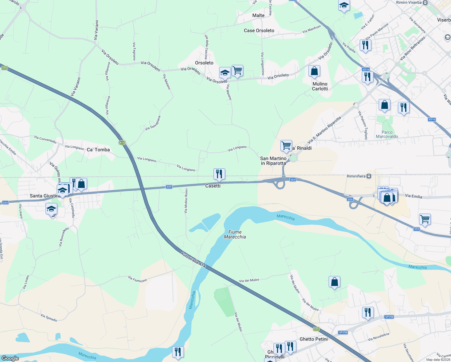 map of restaurants, bars, coffee shops, grocery stores, and more near 215 Via Emilia in Provincia di Rimini