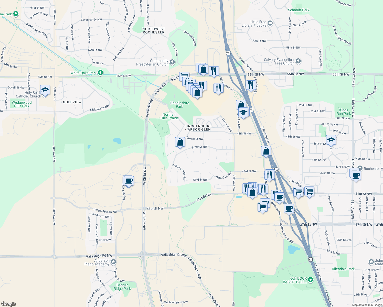 map of restaurants, bars, coffee shops, grocery stores, and more near 4519 Avon Ln NW in Rochester