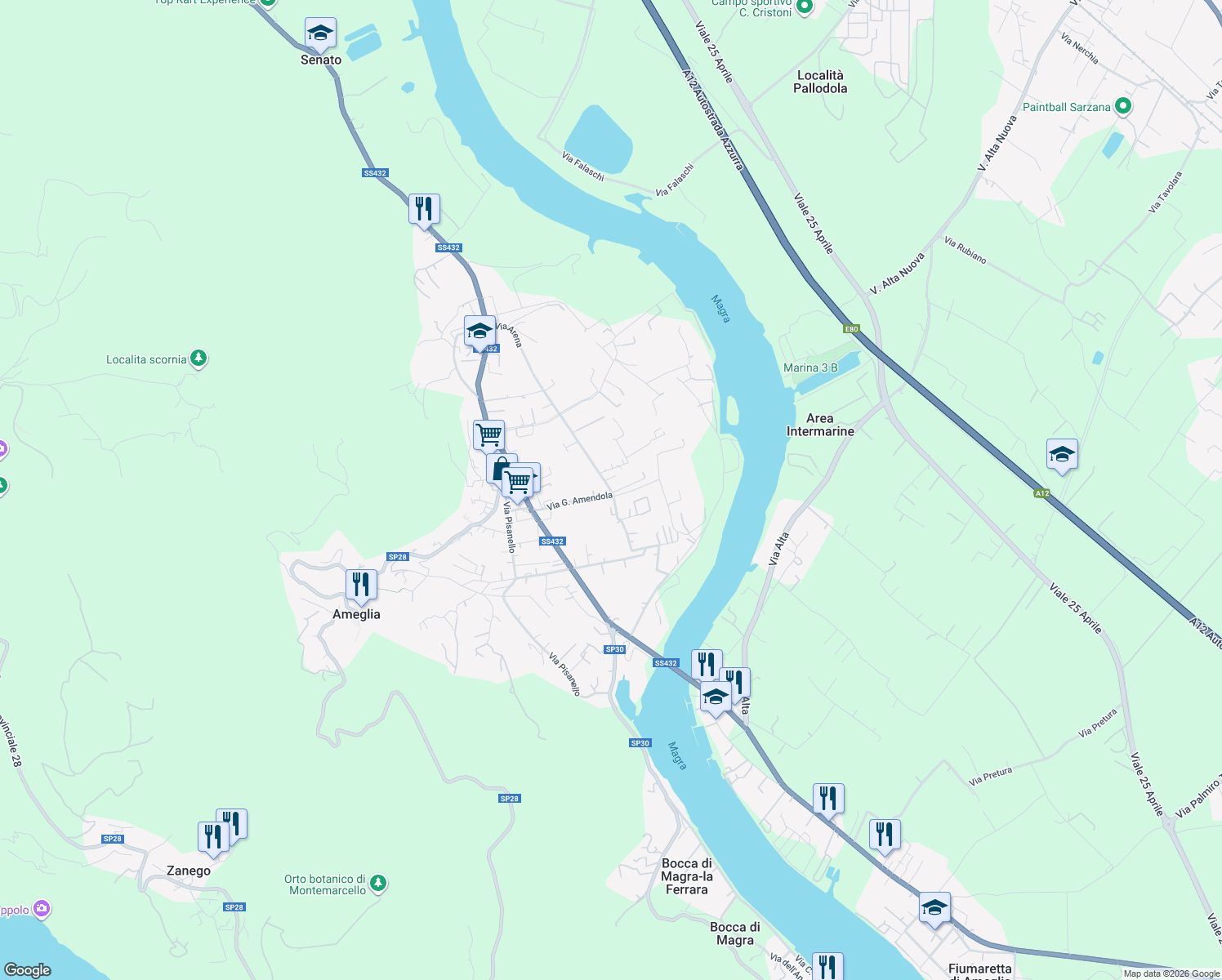 map of restaurants, bars, coffee shops, grocery stores, and more near 25 Via Amendola in Ameglia