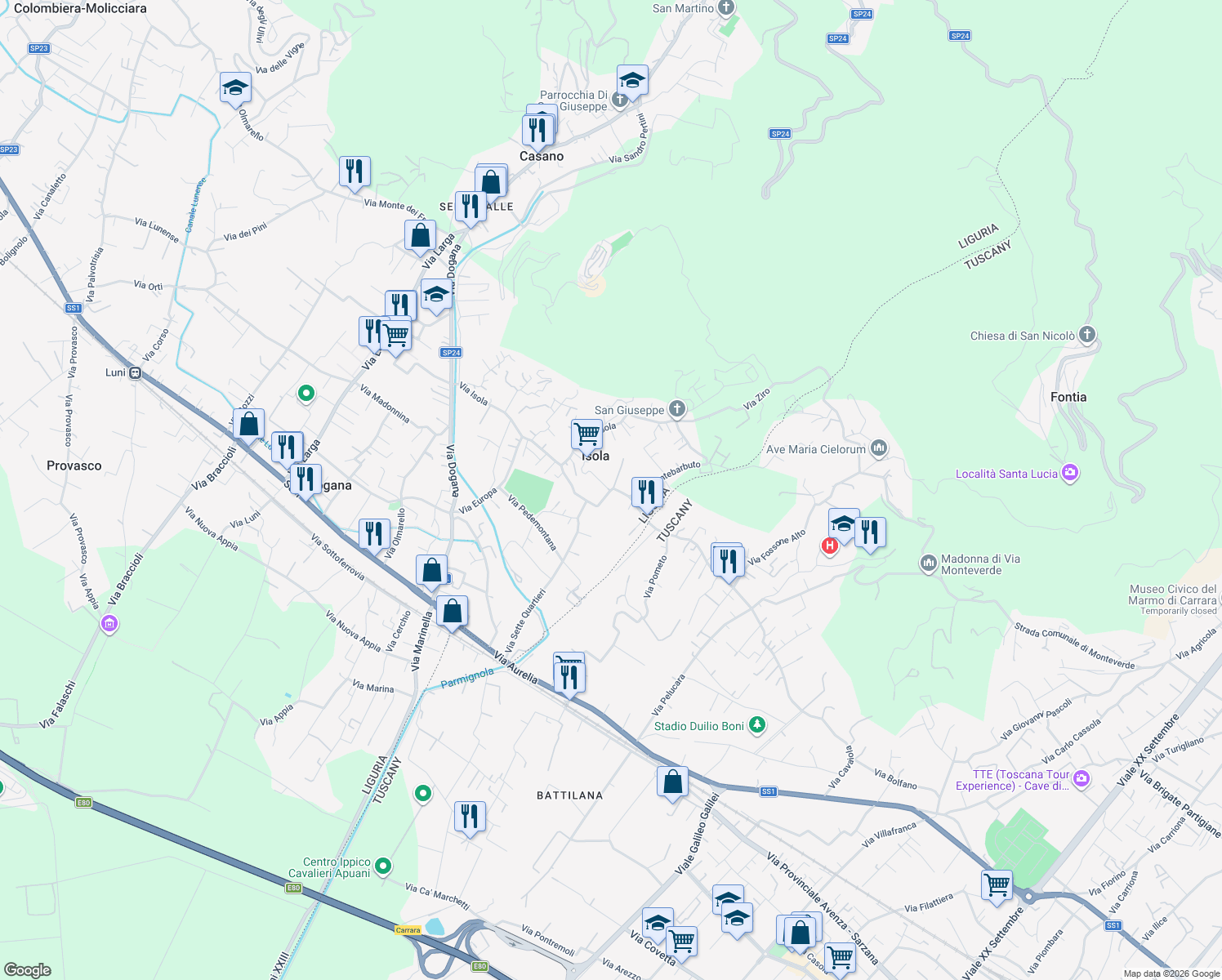 map of restaurants, bars, coffee shops, grocery stores, and more near 7 Via Fossone Basso in Isola