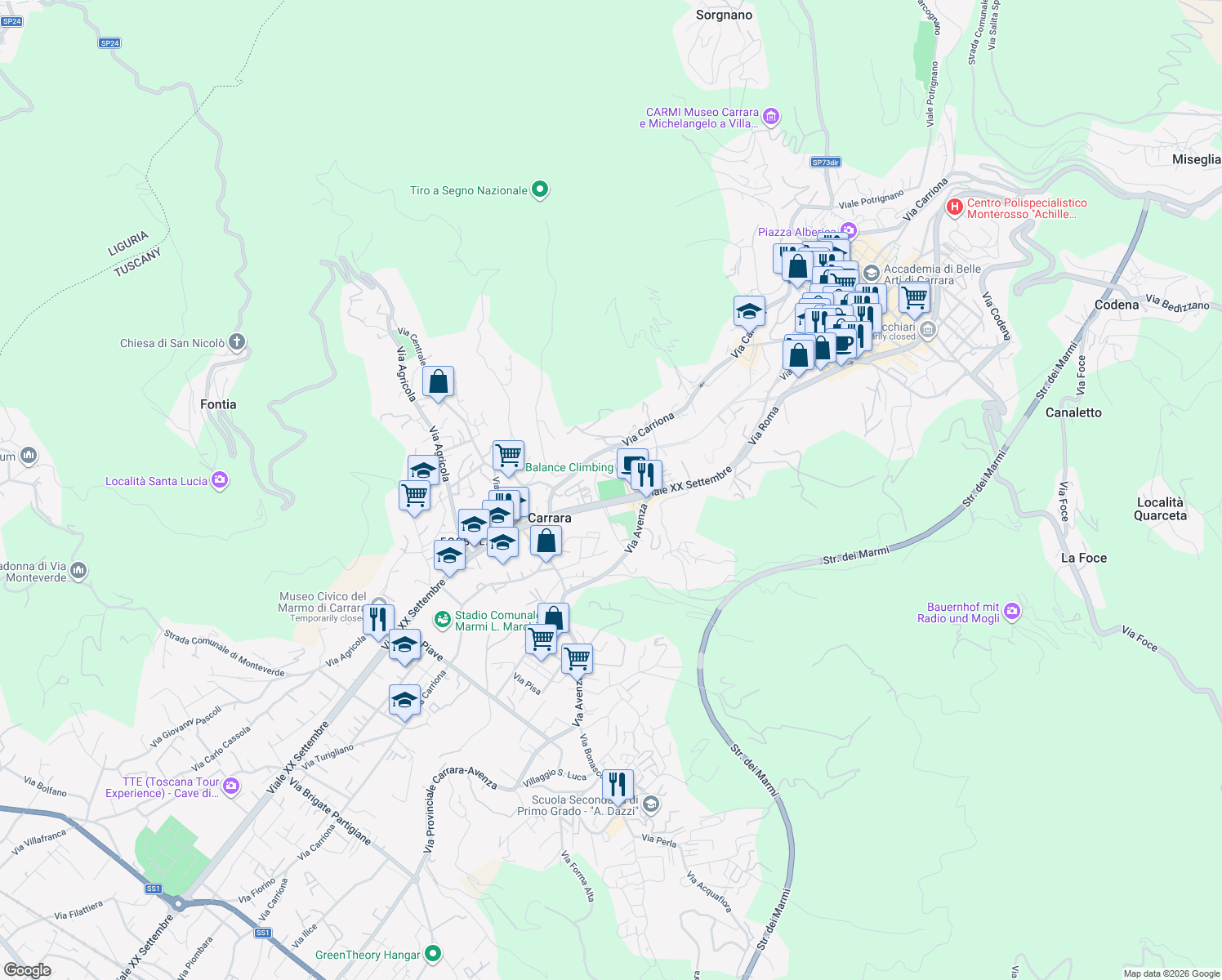 map of restaurants, bars, coffee shops, grocery stores, and more near 5 Strada Provinciale Carrara Avenza in Carrara