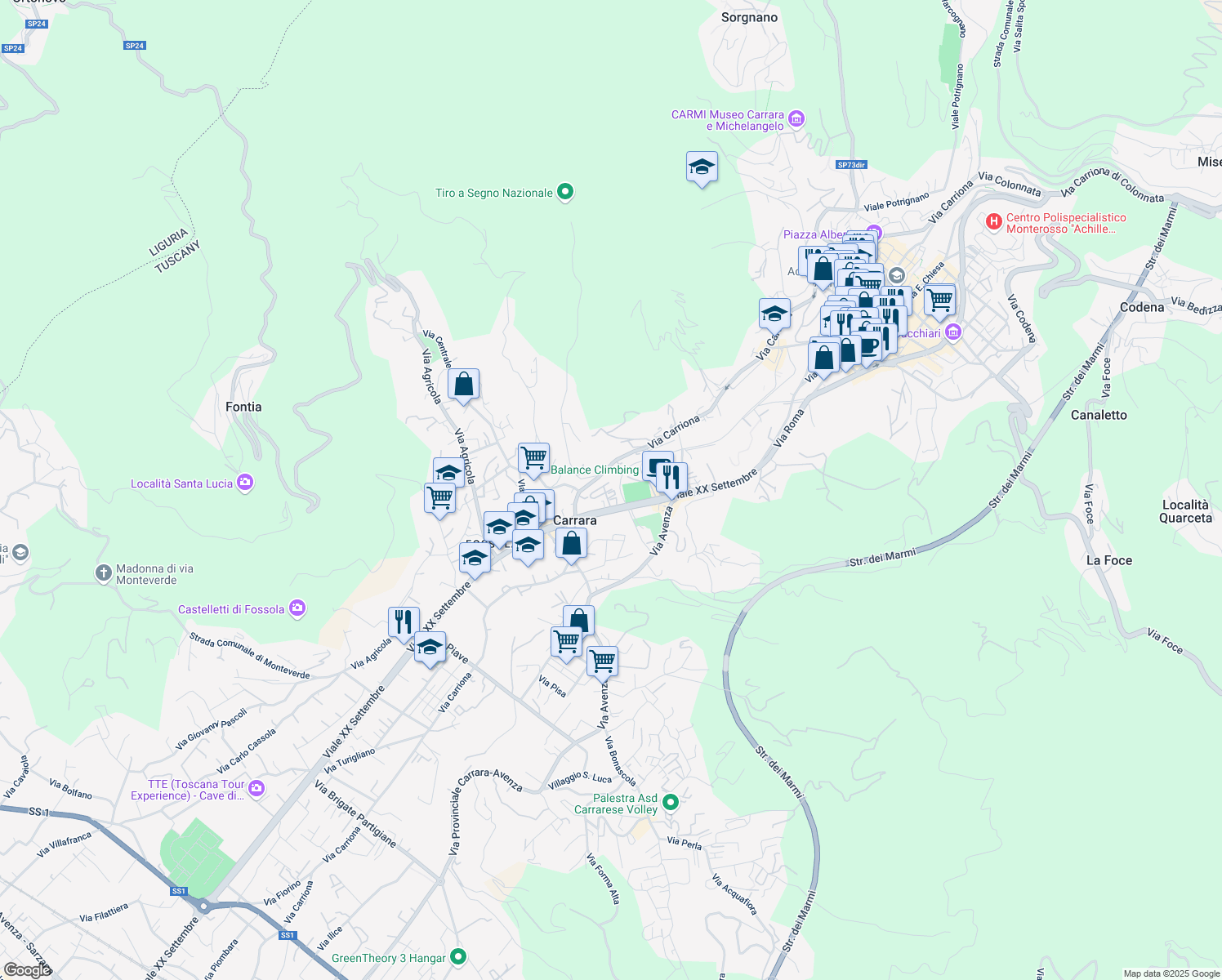 map of restaurants, bars, coffee shops, grocery stores, and more near 194 Strada Comunale Carriona in Carrara