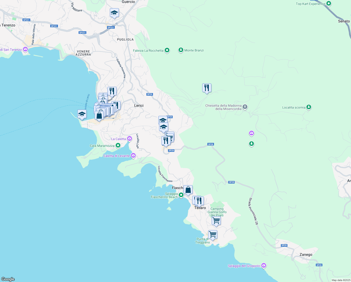map of restaurants, bars, coffee shops, grocery stores, and more near 56 Via Giuseppe Garibaldi in Lerici