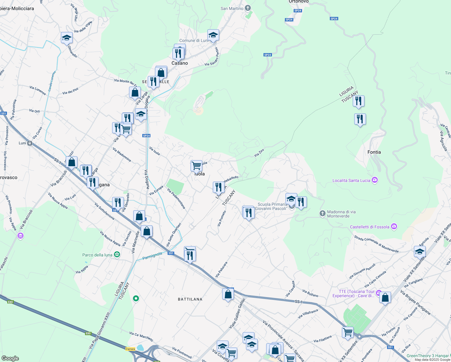 map of restaurants, bars, coffee shops, grocery stores, and more near 19 Via Montebarbuto in Isola
