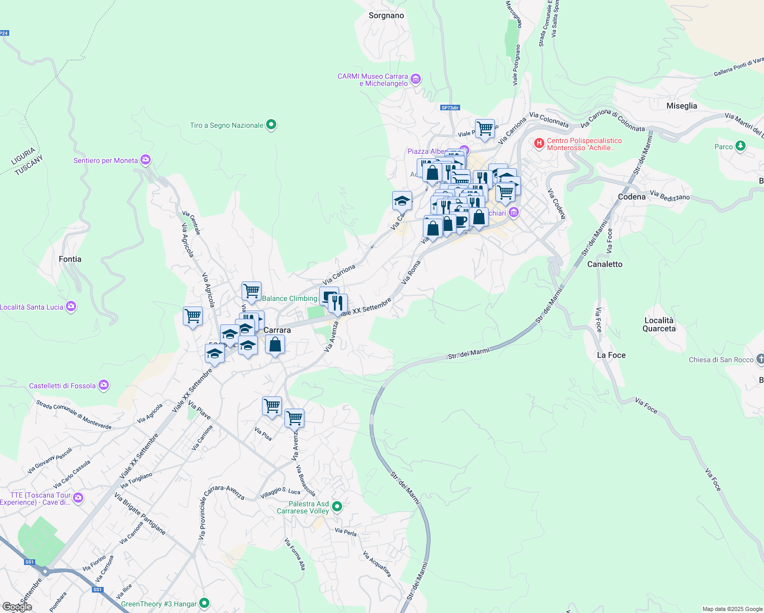 map of restaurants, bars, coffee shops, grocery stores, and more near 1 Viale XX Settembre in Carrara