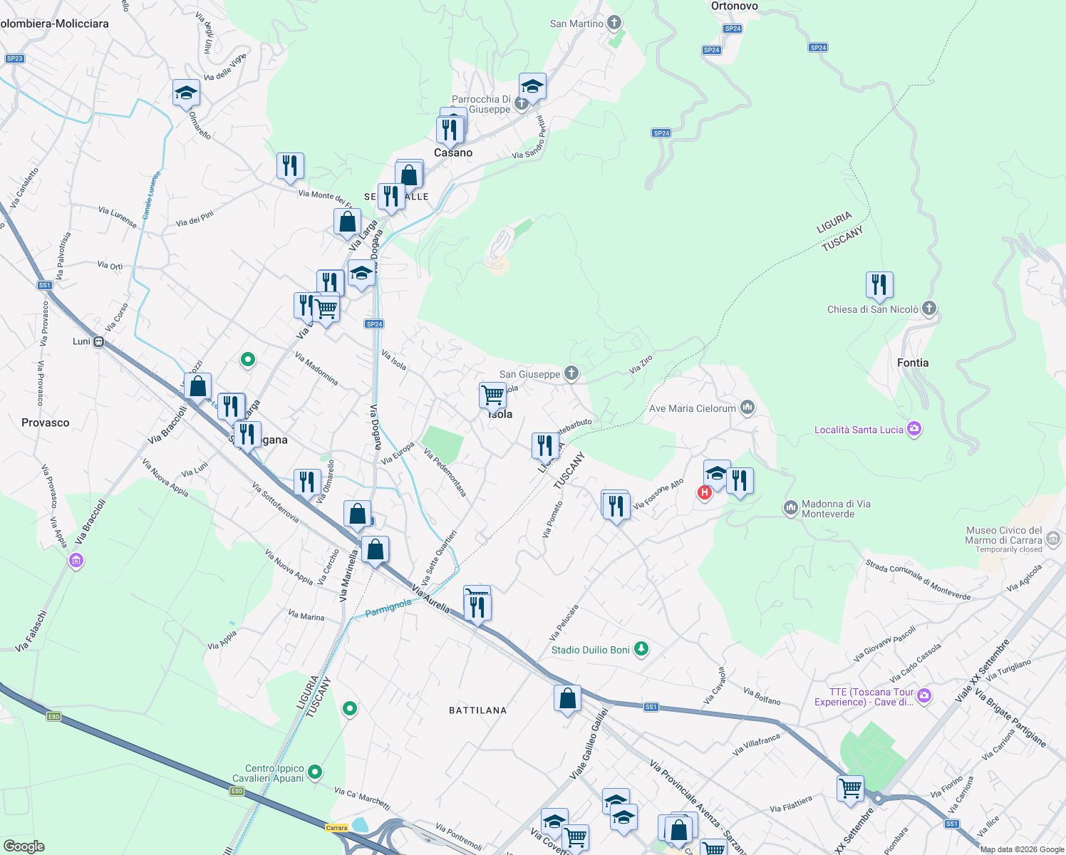 map of restaurants, bars, coffee shops, grocery stores, and more near 15 Via Montebarbuto in Isola